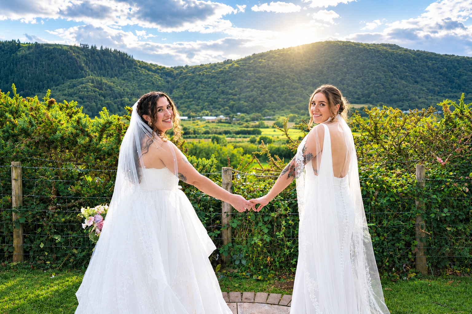 brides holding hands in front of green hills. Halem